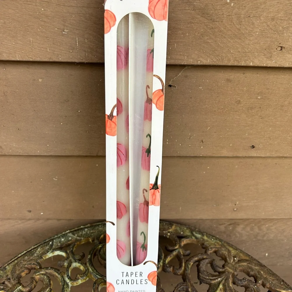 Anthropologie White Taper Candles with Hand painted pumpkin Motif - Pair